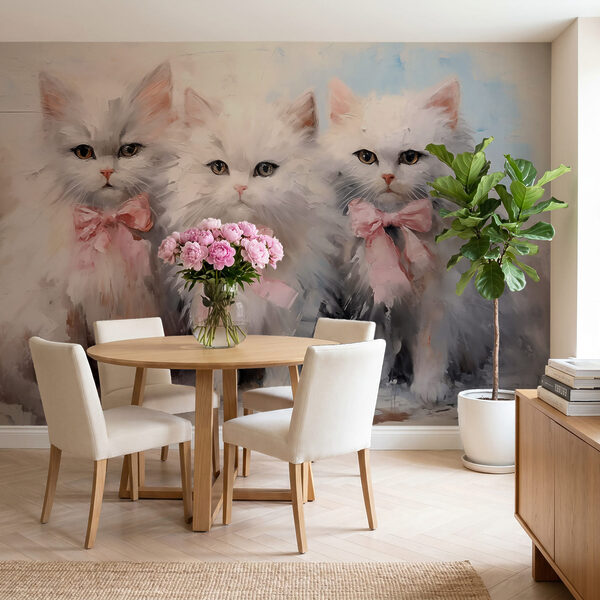 Grupo de gatos brancos com laços cor-de-rosa