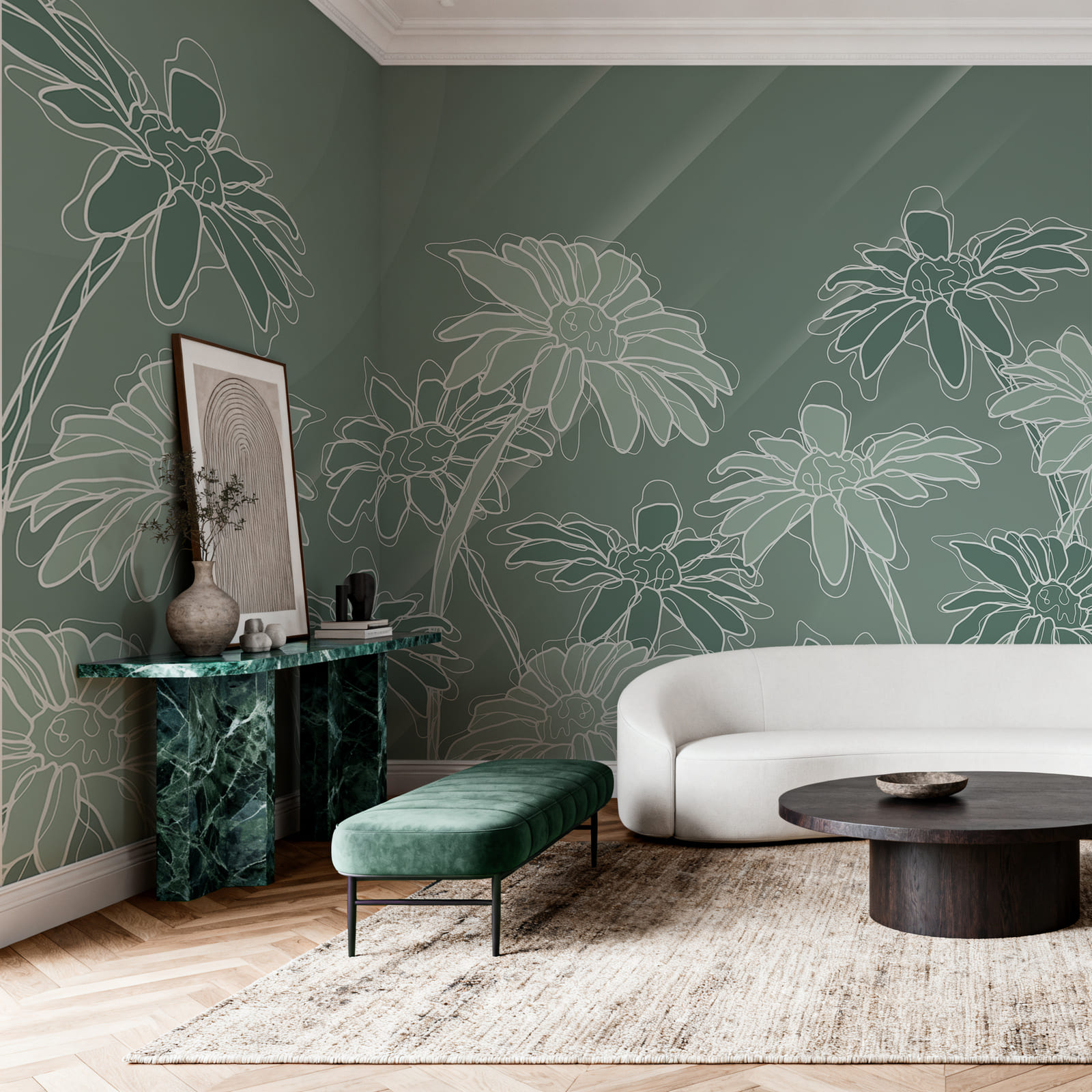 Conjunto de flores sobre um fundo verde
