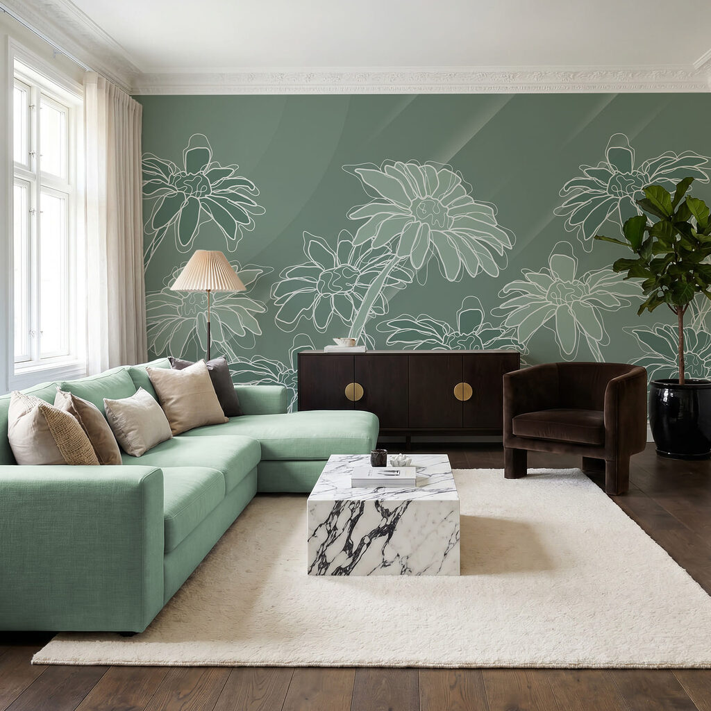 Conjunto de flores sobre um fundo verde