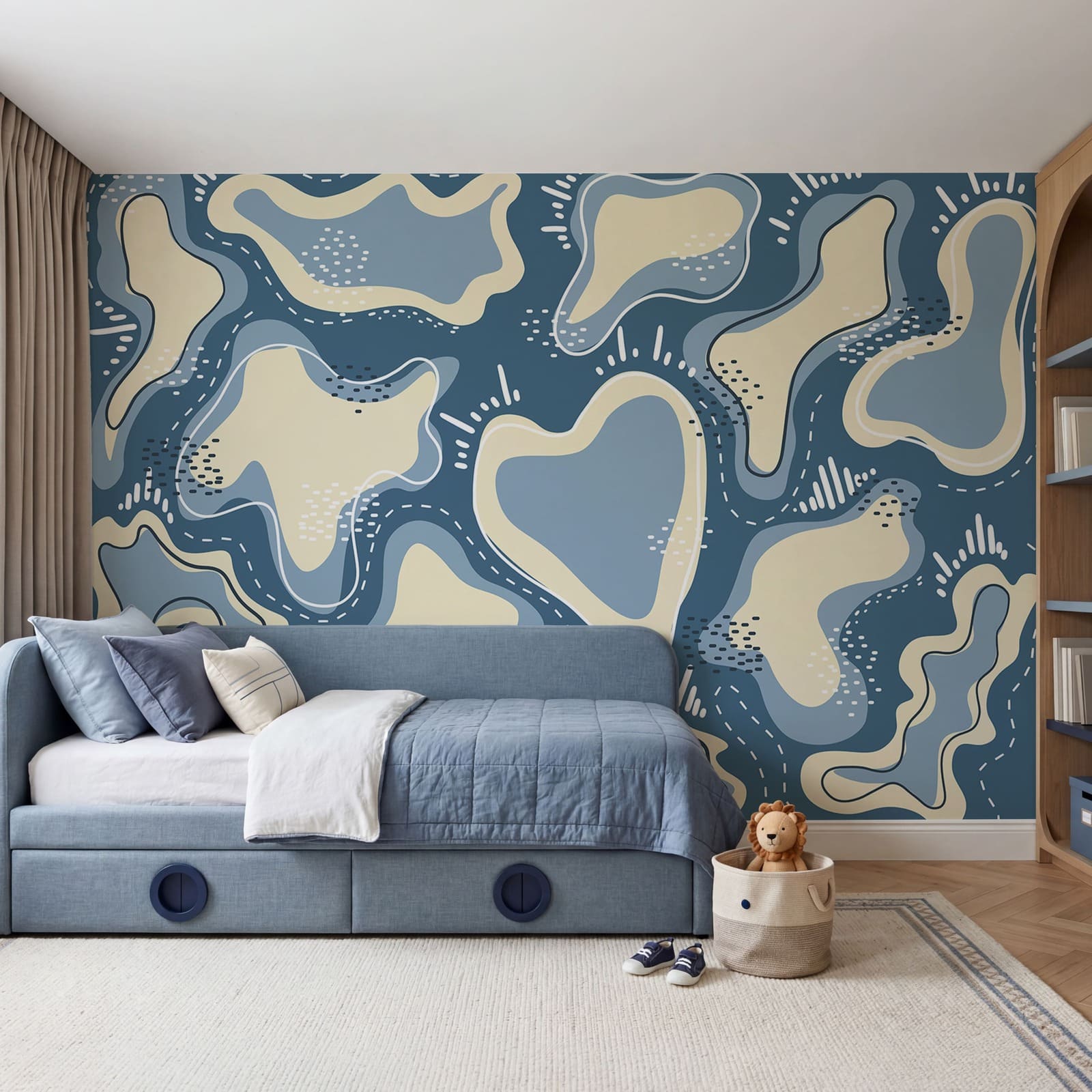 Fundo azul e branco com formas brancas e amarelas