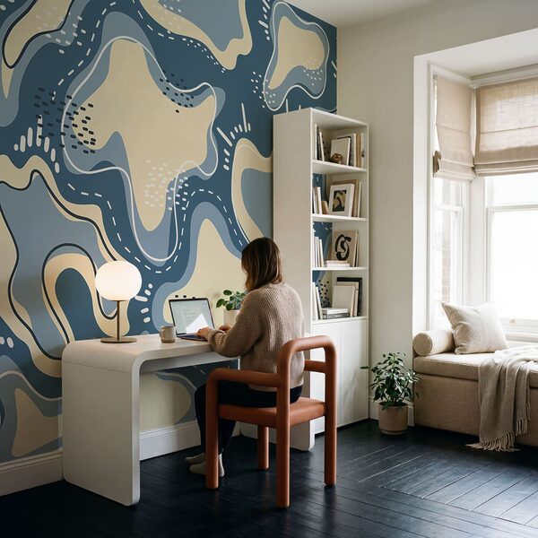 Fundo azul e branco com formas brancas e amarelas