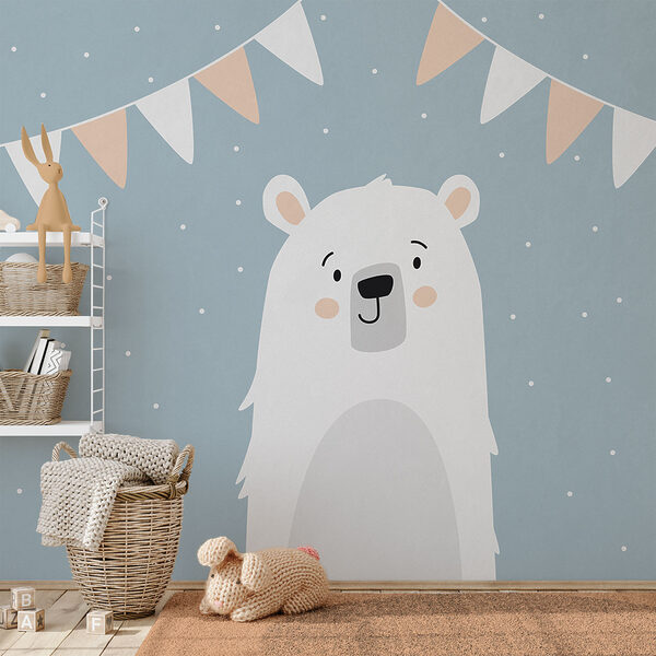 Urso branco sobre fundo azul