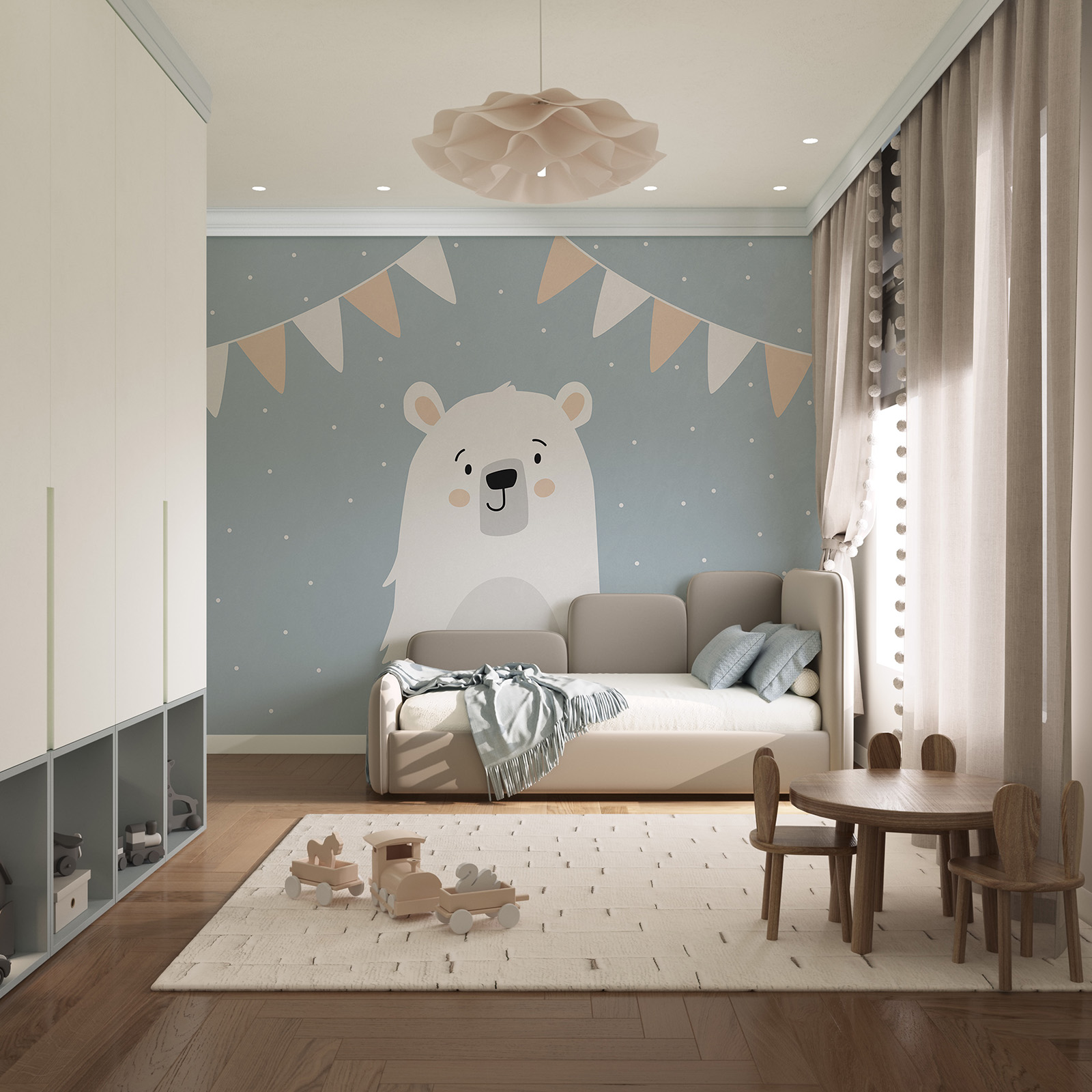 Urso branco sobre fundo azul
