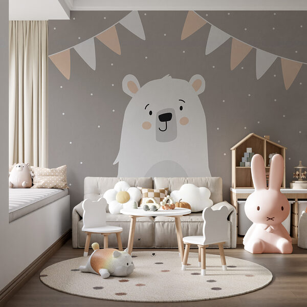 Urso branco com uma guirlanda de bandeiras
