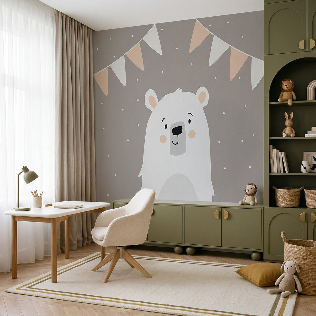 Urso branco com uma guirlanda de bandeiras