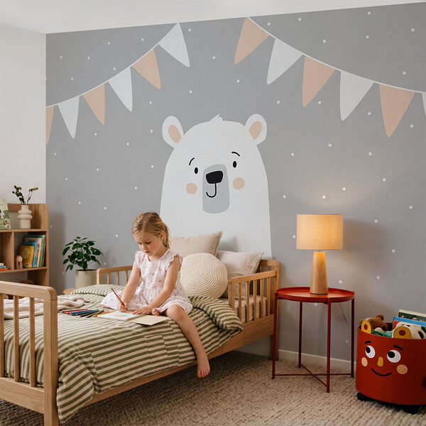 Urso branco sobre um fundo cinzento