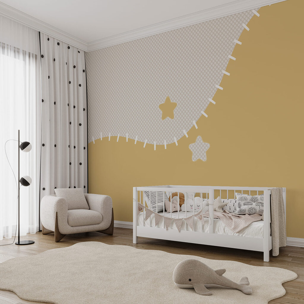 Tecido branco e amarelo com estrelas
