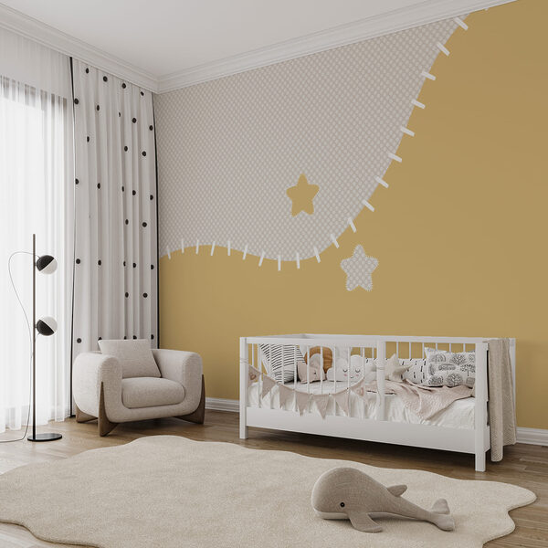 Tecido branco e amarelo com estrelas
