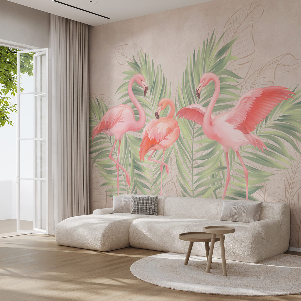Grupo de flamingos cor-de-rosa com folhas verdes