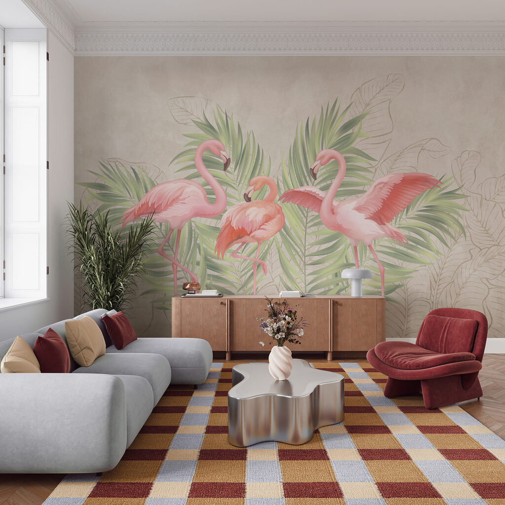 Grupo de flamingos cor-de-rosa com folhas verdes