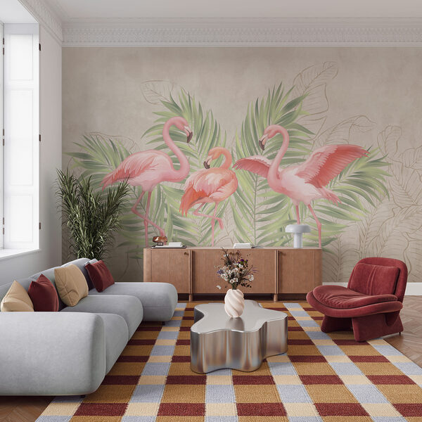 Grupo de flamingos cor-de-rosa com folhas verdes