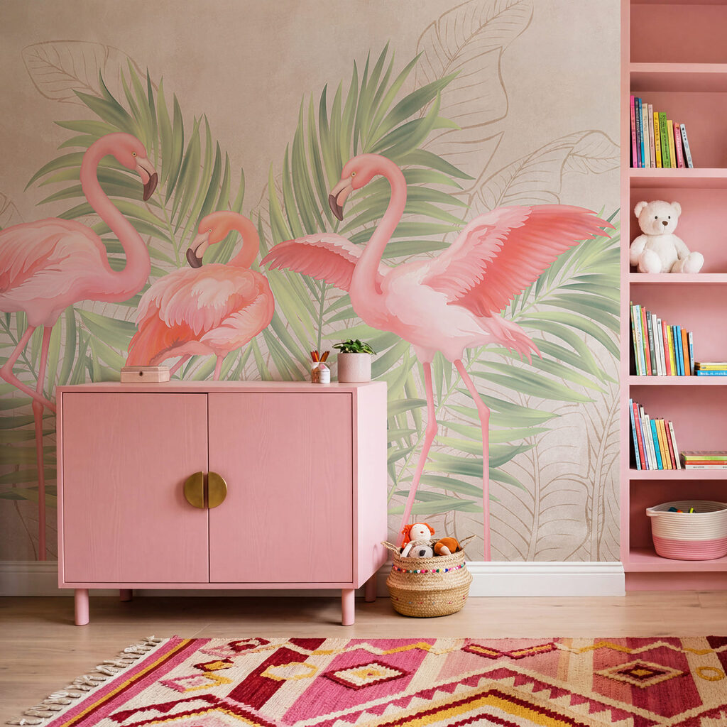 Grupo de flamingos cor-de-rosa com folhas verdes