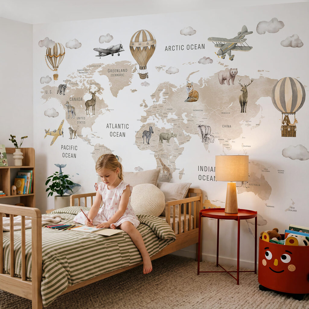 Mapa do mundo com animais e balões de ar quente