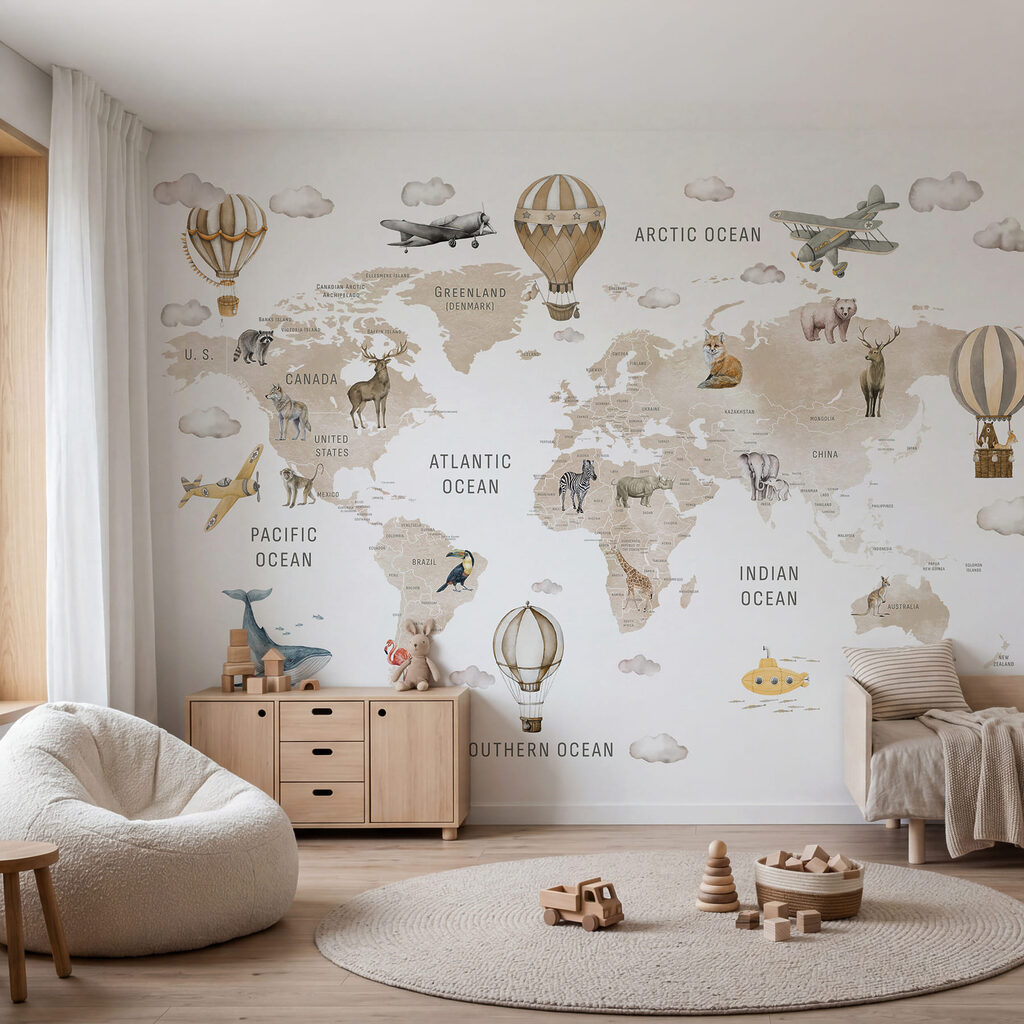 Mapa do mundo com animais e balões de ar quente