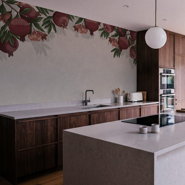 Papel de parede com um padrão de frutos vermelhos e flores Papel de parede com um padrão de frutos vermelhos e flores