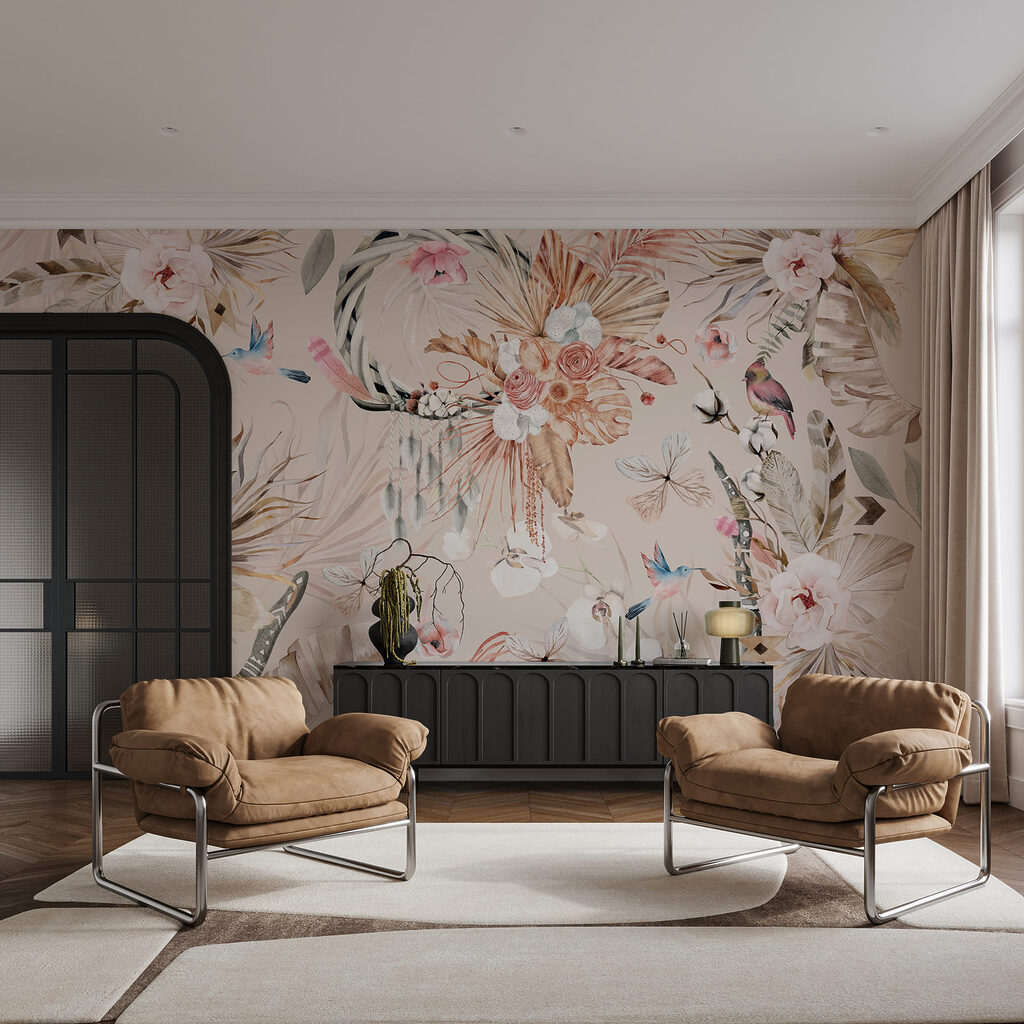 Padrão floral com pássaros e flores