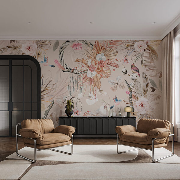 Padrão floral com pássaros e flores