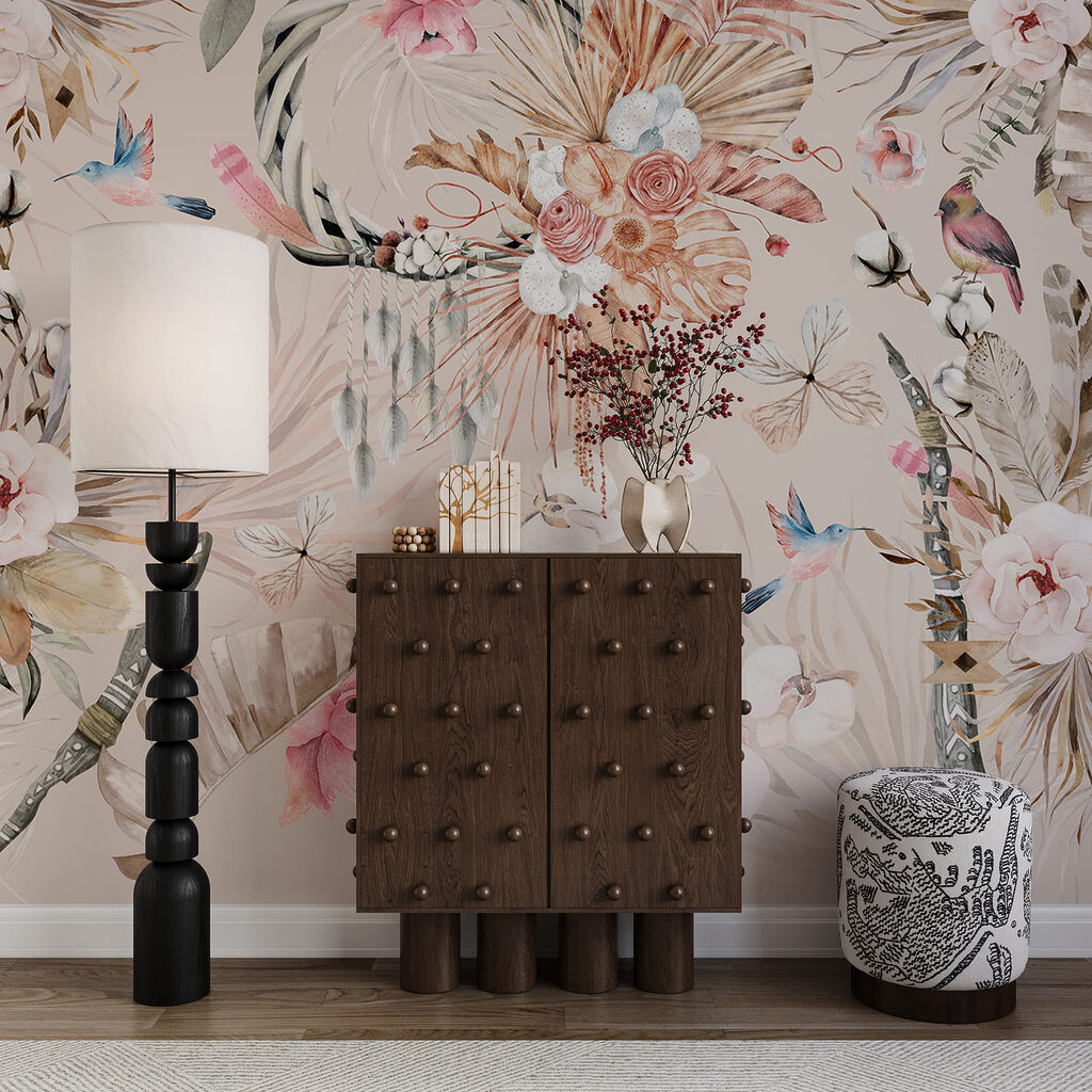 Padrão floral com pássaros e flores