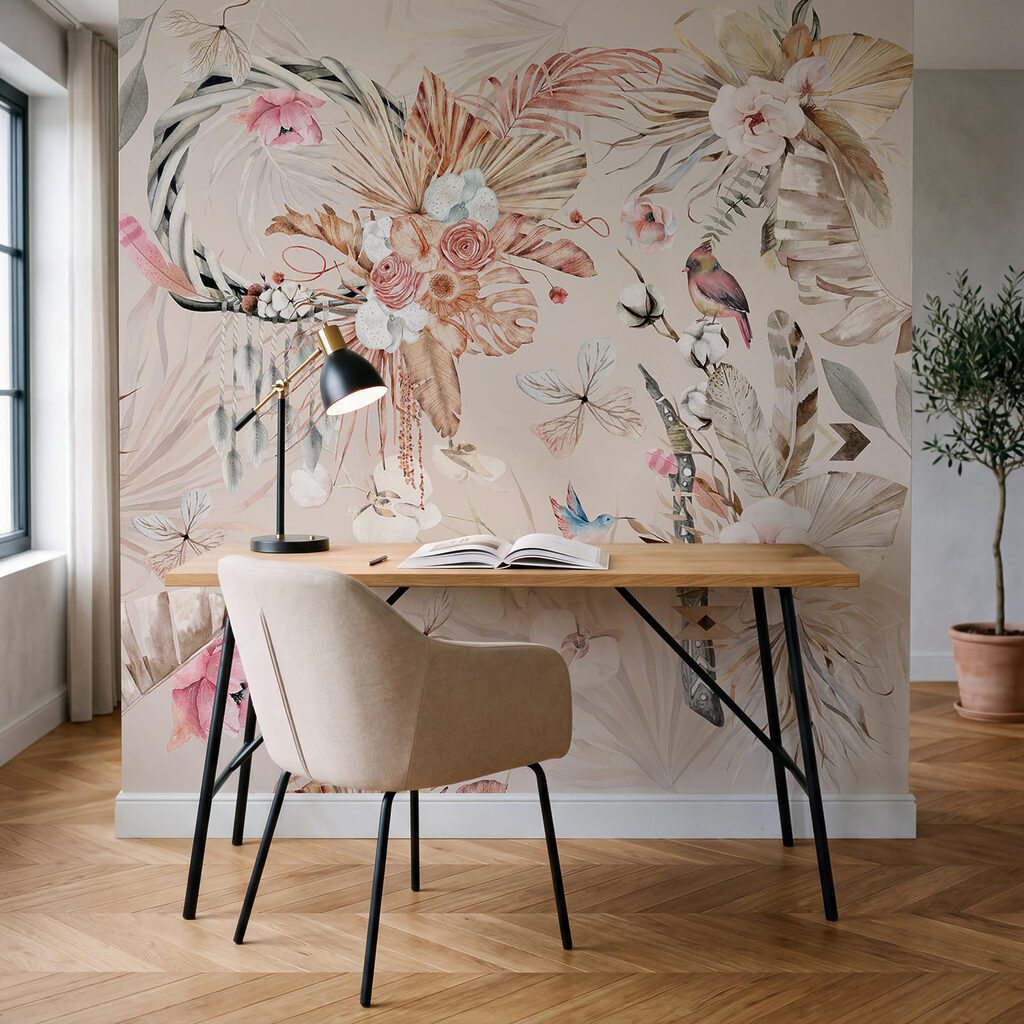 Padrão floral com pássaros e flores
