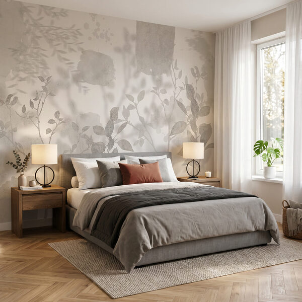 Fundo branco e cinzento com plantas e folhas