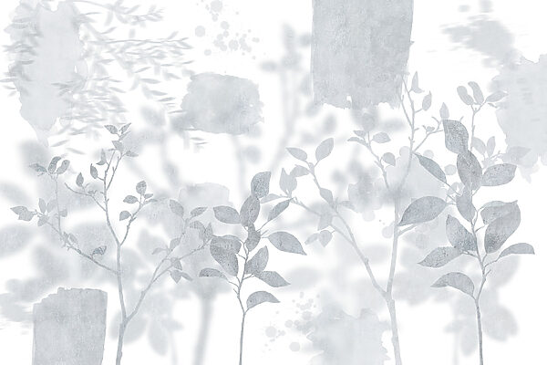 White and gray background with leaves and brush strokes