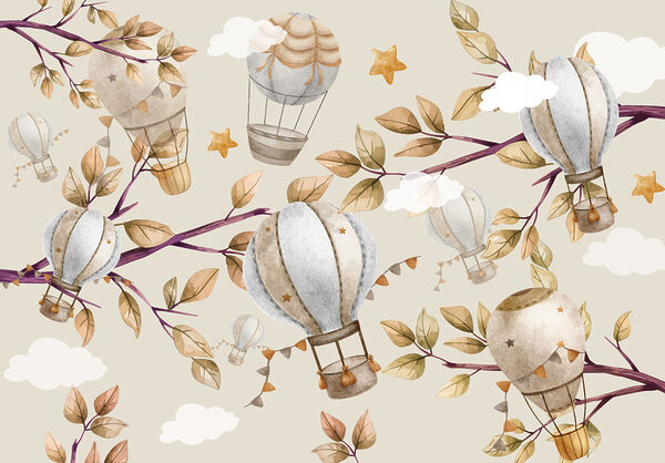 Pattern of hot air balloons and trees