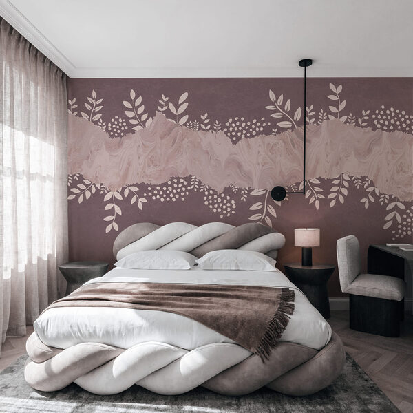 Fundo roxo e branco com folhas e flores