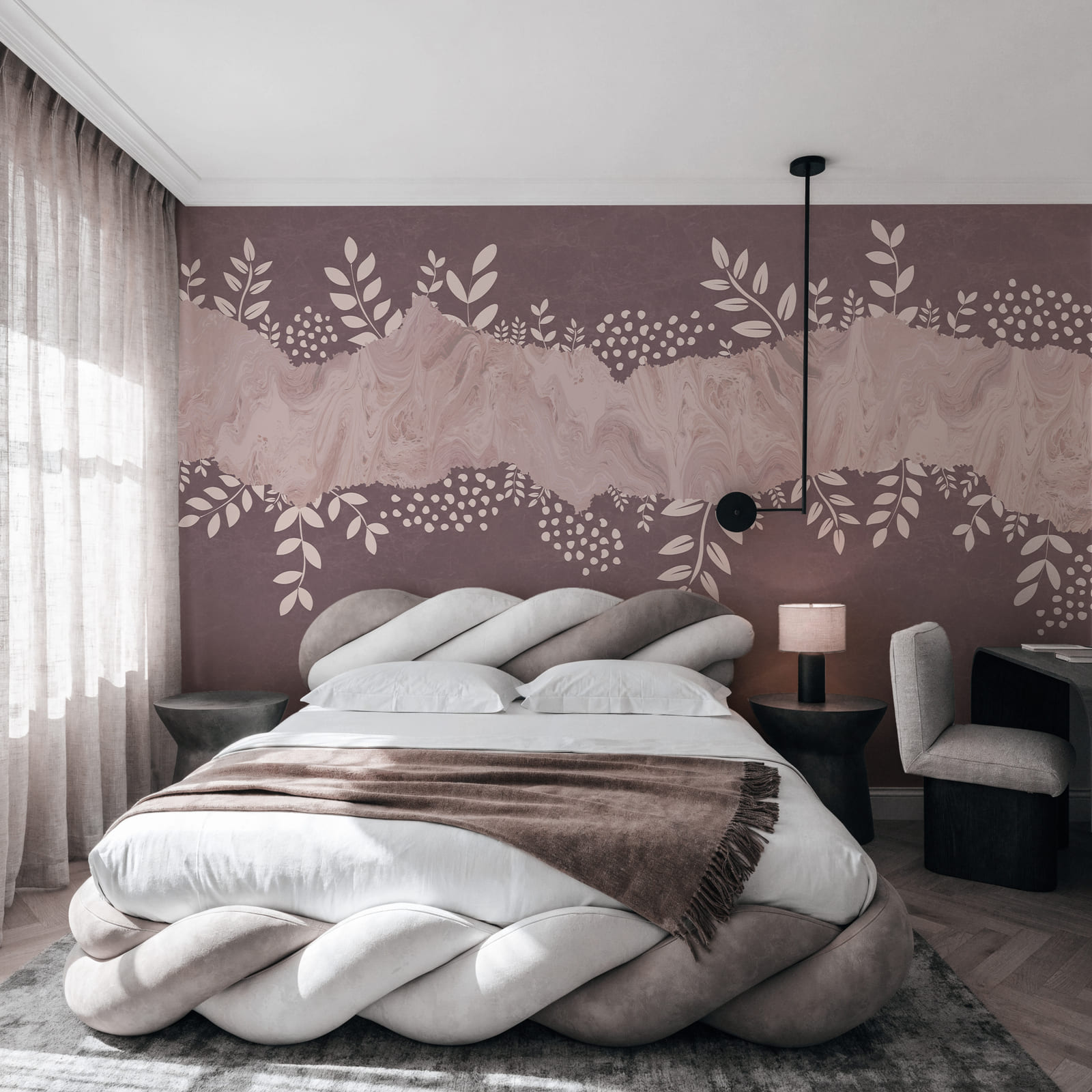 Fundo roxo e branco com folhas e flores