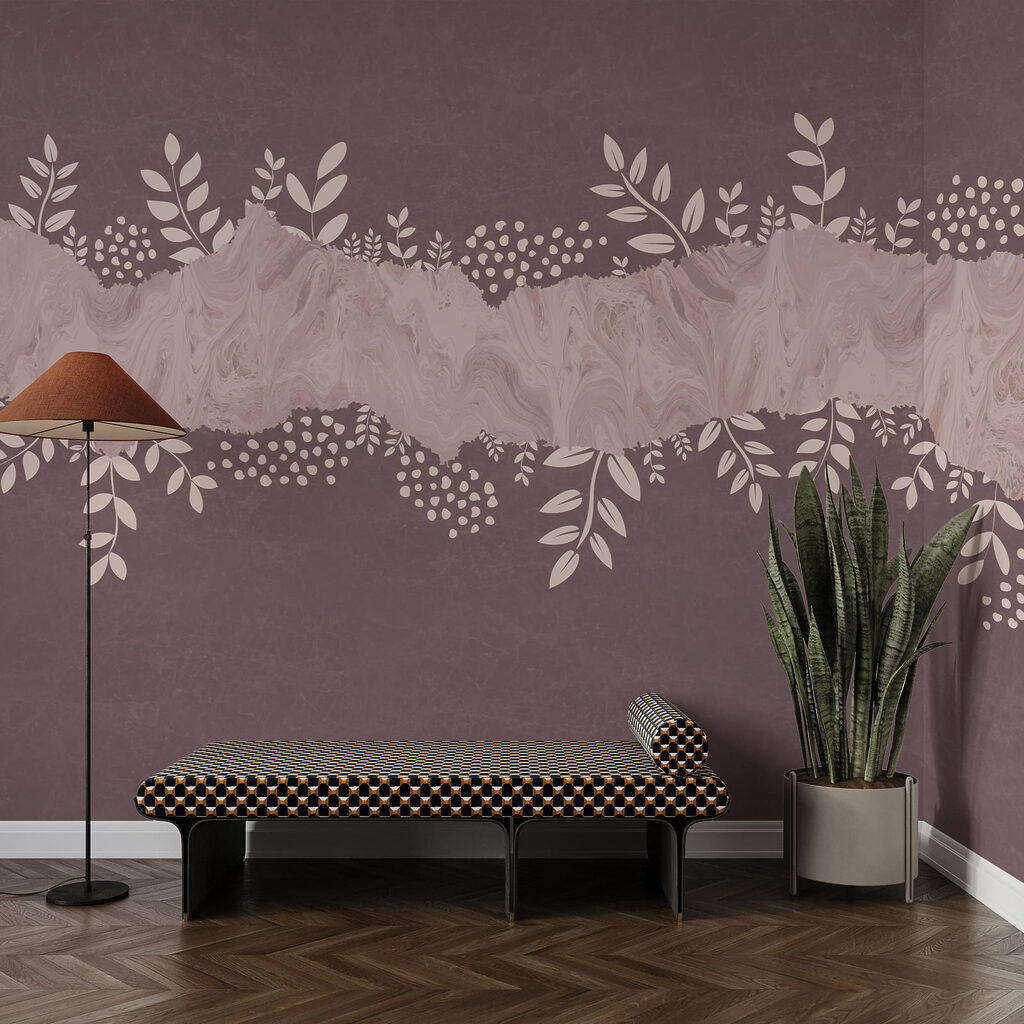 Fundo roxo e branco com folhas e flores