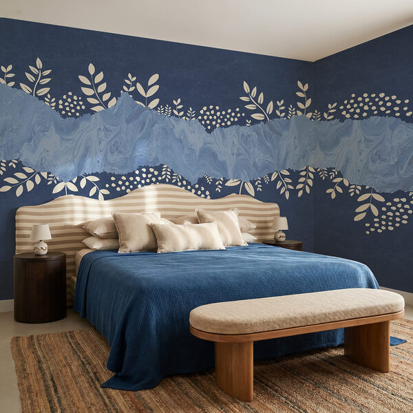 Fundo azul e branco com folhas brancas e pontos