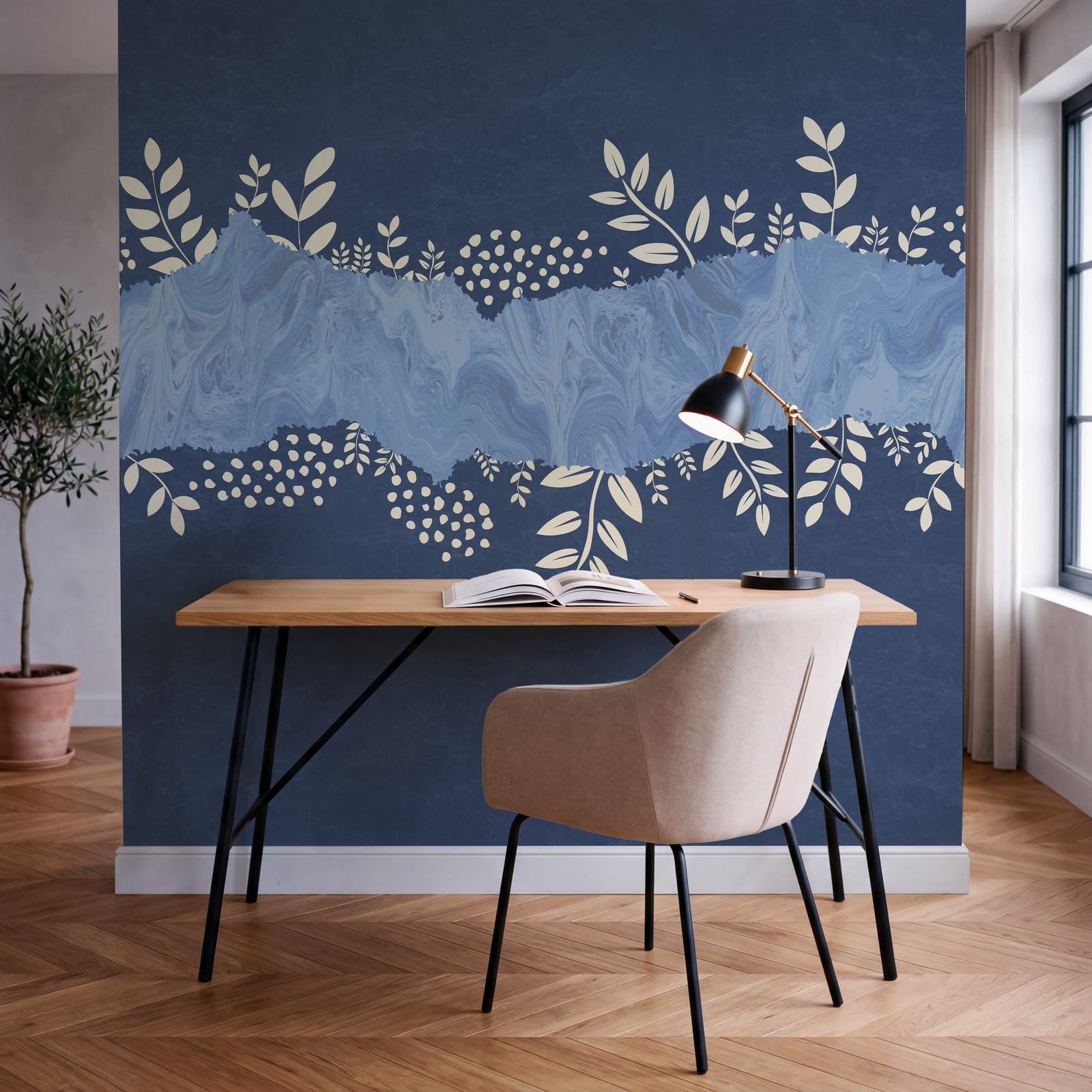 Fundo azul e branco com folhas brancas e pontos