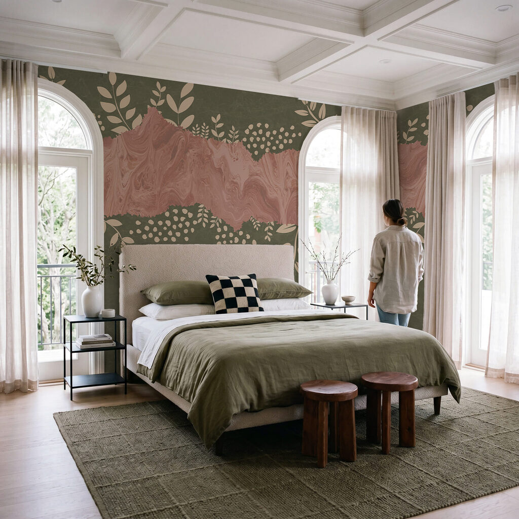 Fundo rosa e verde com folhas e flores