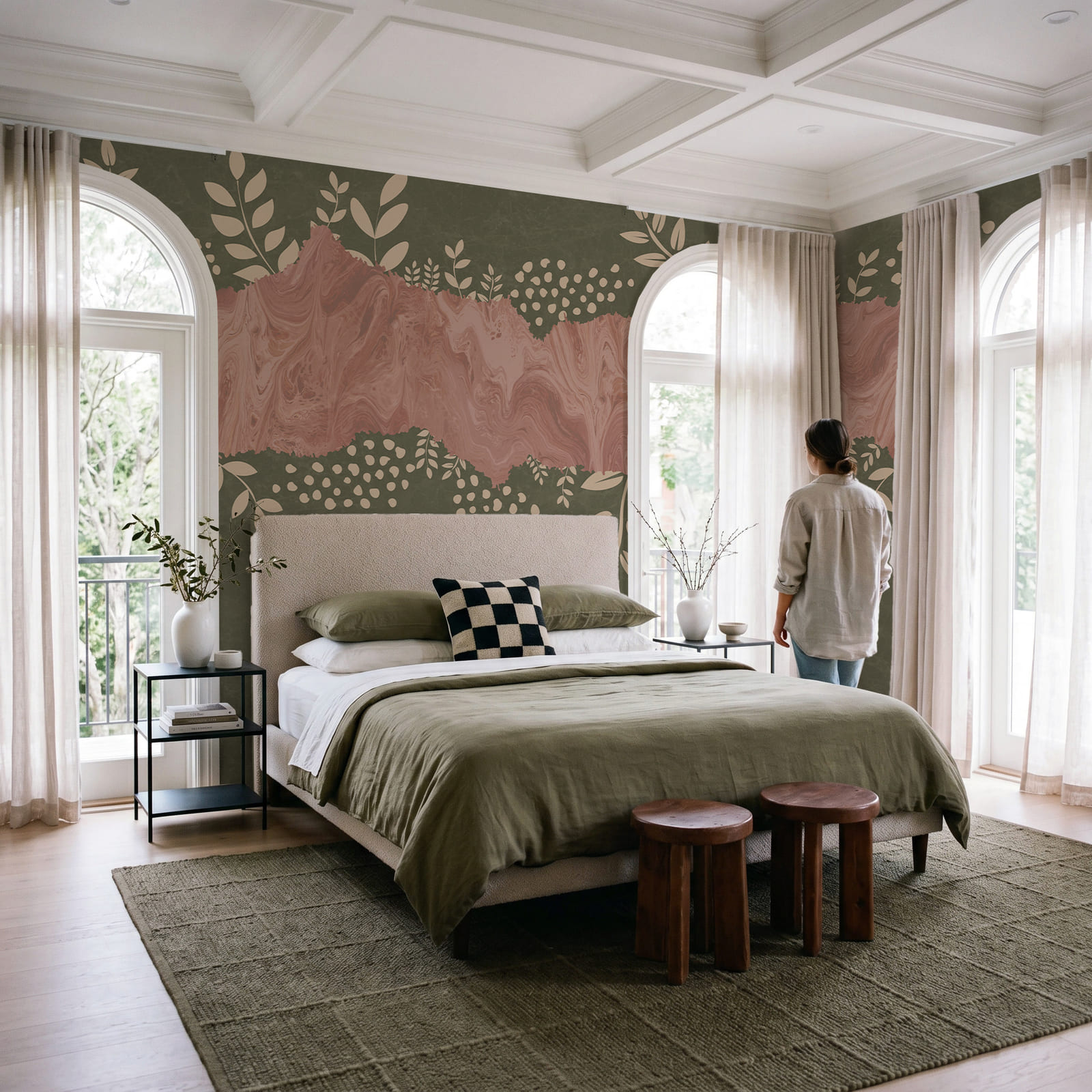 Fundo rosa e verde com folhas e flores