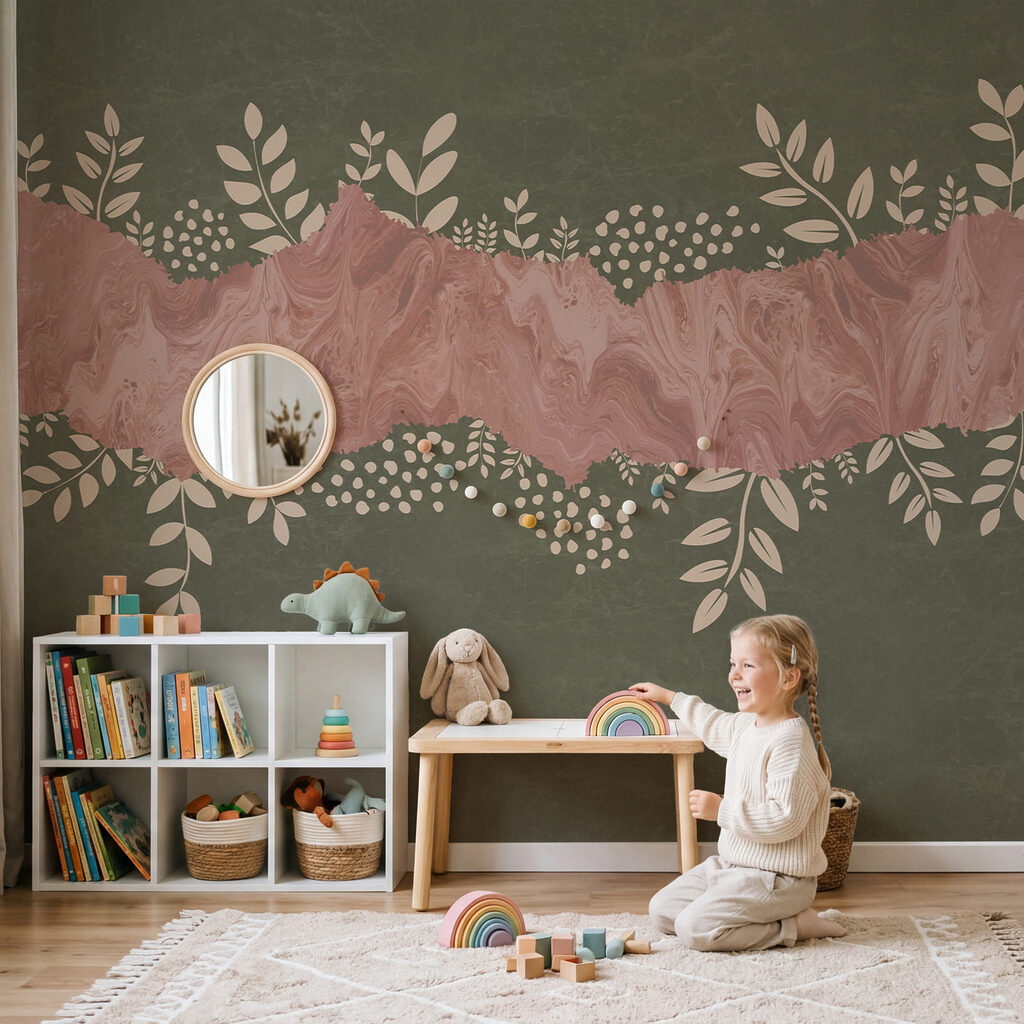Fundo rosa e verde com folhas e flores