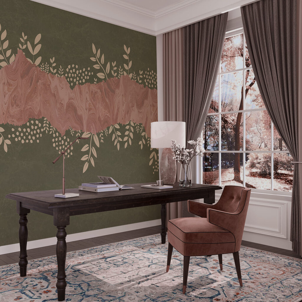 Fundo rosa e verde com folhas e flores