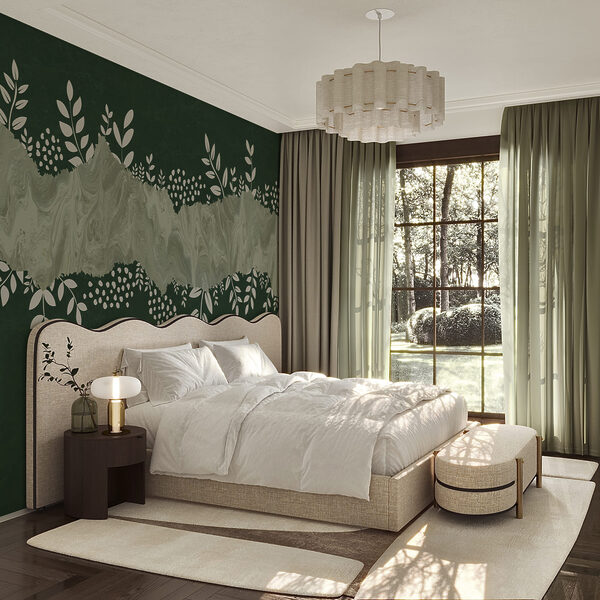 Fundo verde e branco com folhas e flores brancas