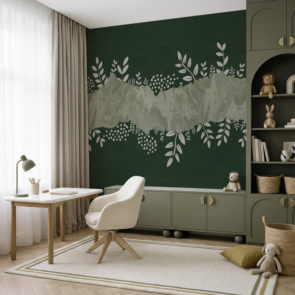 Fundo verde e branco com folhas e flores brancas