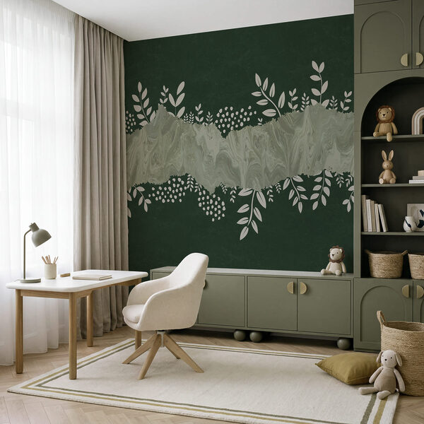 Fundo verde e branco com folhas e flores brancas