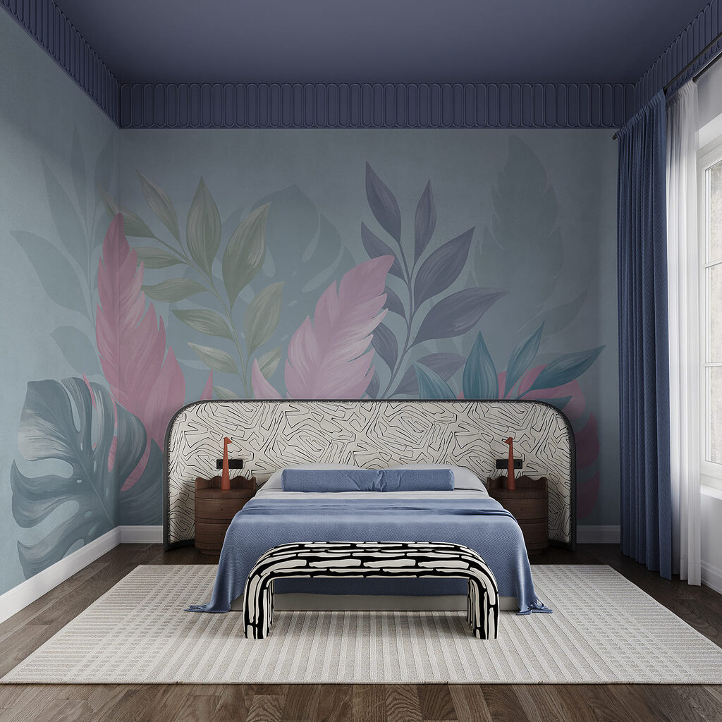 Folhas coloridas sobre um fundo azul