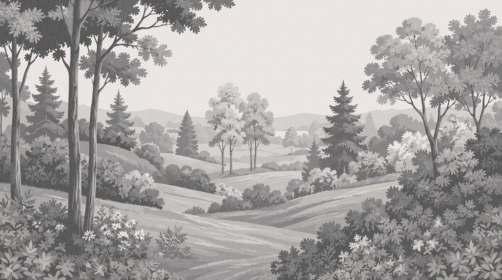 Landscape with trees and hills