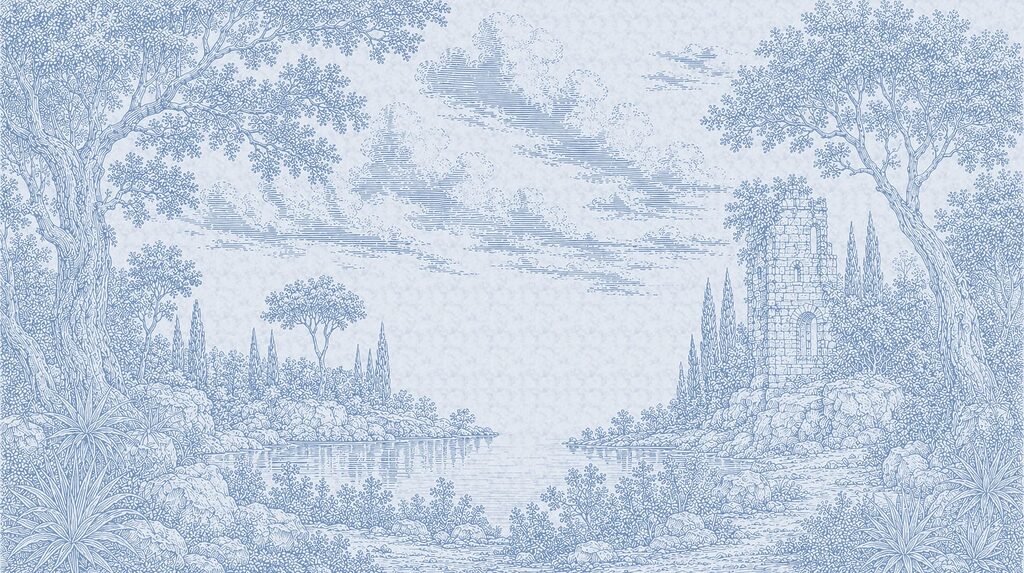 Blue and white drawing of a lake and trees Blue and white drawing of a lake and trees