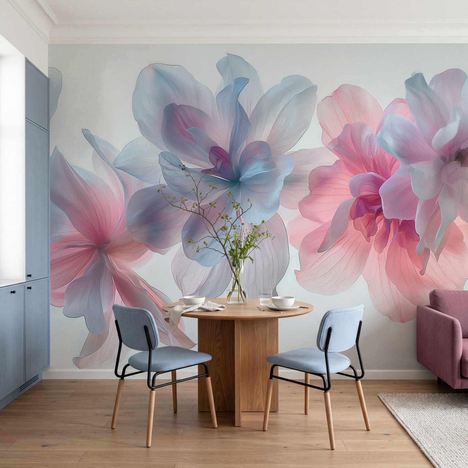 Conjunto de flores com pétalas cor-de-rosa e azuis