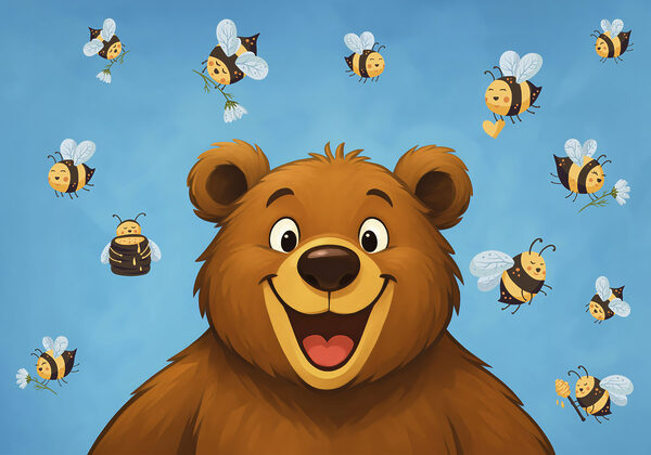 Cartoon bear with bees flying around it Cartoon bear with bees flying around it