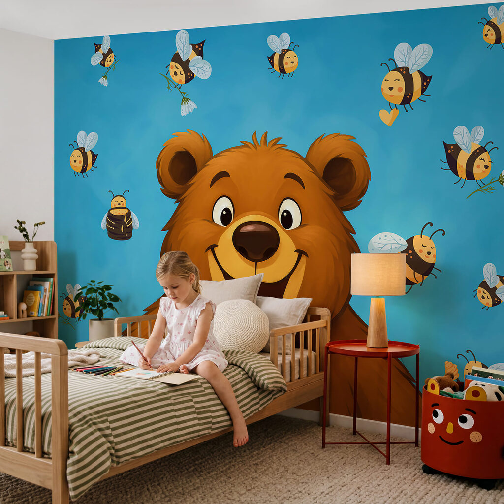 Urso de desenho animado com abelhas a voar à sua volta Urso de desenho animado com abelhas a voar à sua volta