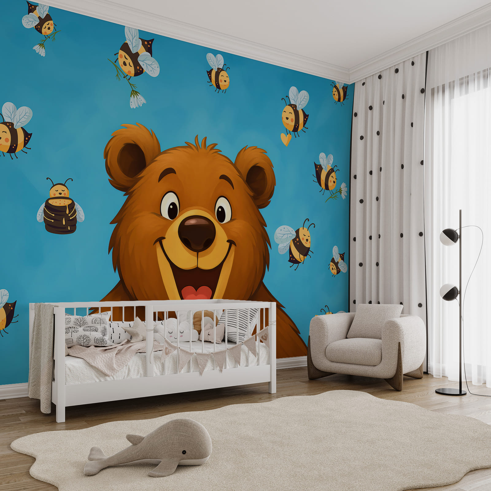 Urso de desenho animado com abelhas a voar à sua volta Urso de desenho animado com abelhas a voar à sua volta