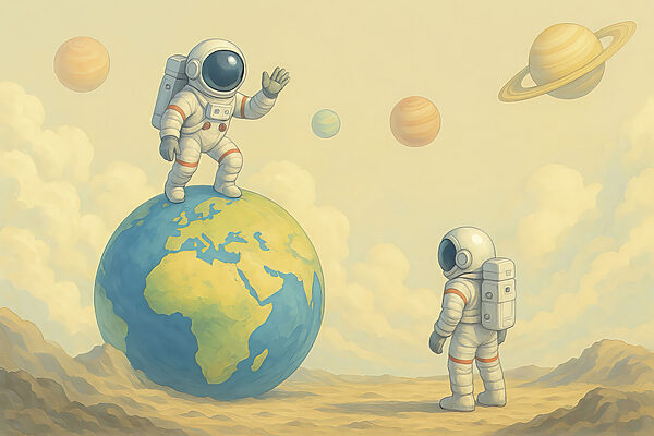 Two astronauts standing on a planet