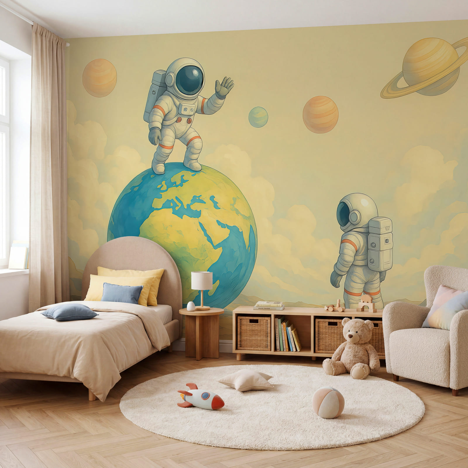Dois astronautas em pé num planeta