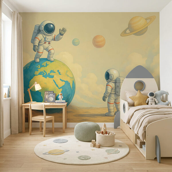 Dois astronautas em pé num planeta