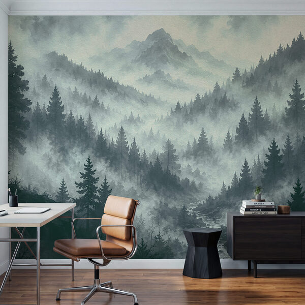 Paisagem montanhosa enevoada com árvores e um rio Paisagem montanhosa enevoada com árvores e um rio