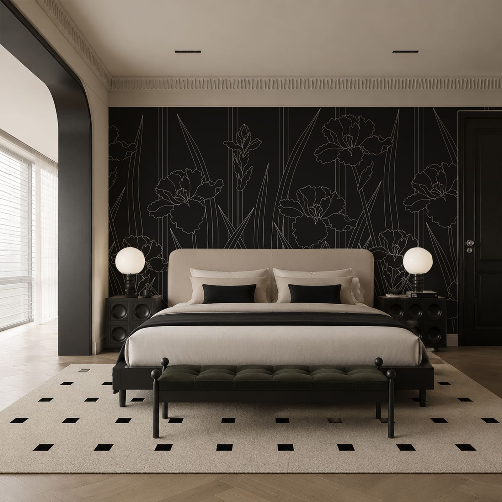 Padrão floral a preto e branco